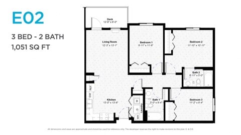 Floor plan for 3 beds, 2 baths, 1036 sqft